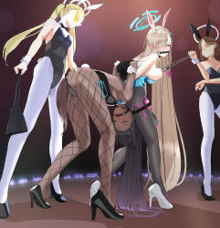 Rule 34 | 4girls, absurdres, anal tail, animal ears, arms behind back, ass, asuna (blue archive), asuna (bunny) (blue archive), ball gag, bdsm, bent over, bit gag, black footwear, black hair, black leotard, black pantyhose, blonde hair, blue archive, blue eyes, blue leotard, bondage, bound, bound arms, bound together, breasts, bunny girl guard (sr) (blue archive), butt plug, fake animal ears, fake tail, fishnet pantyhose, fishnets, gag, gagged, halo, high heels, highres, holding, holding riding crop, karin (blue archive), karin (bunny) (blue archive), large breasts, leotard, long hair, multiple girls, nipple clamps, nipple pull, nipple stimulation, pantyhose, playboy bunny, po-i-mu, rabbit ears, riding crop, sex, sex toy, spanked, spanking, tail, very long hair, vibrator in thigh strap, white footwear, wiffle gag, yellow eyes