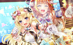 Rule 34 | 2girls, :d, ahoge, animal ears, bare shoulders, blonde hair, blush, bow, braid, breasts, buru-dai, closed eyes, commentary request, crop top, dragon horns, facing viewer, gloves, hair ornament, hairclip, highres, hololive, horns, idol, kiryu coco, long hair, looking at viewer, medium breasts, multicolored hair, multiple girls, open mouth, orange hair, outstretched arm, pink bow, purple eyes, sheep ears, sheep girl, sheep hair ornament, sheep horns, shirt, signature, smile, streaked hair, tsunomaki watame, virtual youtuber, white bow, white gloves, white shirt