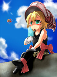 Rule 34 | 1girl, aircraft, airplane, bad id, bad pixiv id, black thighhighs, blonde hair, bow, duel monster, food, gagaga sister, gloves, goblindbergh, green eyes, hat, heat, highres, omega na hito, open mouth, popsicle, simple background, sitting, skirt, skull, sweat, thighhighs, white gloves, yu-gi-oh!