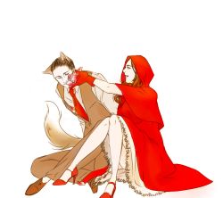 Rule 34 | 1boy, 1girl, animal ears, ariadne, arthur (inception), cloak, couple, formal, gloves, hetero, high heels, hood, inception, little red riding hood, lowres, necktie, red cape, red footwear, red gloves, red neckwear, shoes, sitting, suit, tail, waistcoat, wolf, wolf ears, wolf tail