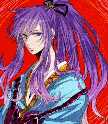 Rule 34 | 1boy, bishounen, blue eyes, eyeshadow, hair ribbon, japanese clothes, kamui gakupo, long hair, makeup, male focus, ponytail, purple hair, qazrr, red background, ribbon, solo, traditional clothes, upper body, vocaloid