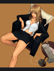 Rule 34 | 1girl, bad id, bad pixiv id, blazer, blonde hair, breasts, chair, cleavage, from above, green eyes, jacket, large breasts, legs, long hair, long legs, midriff, miniskirt, mustard seeds, navel, open clothes, open jacket, original, pencil skirt, pillow, reclining, side slit, skirt, solo, spill, unbuttoned, yuuji (and)