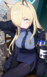 Rule 34 | 1girl, absurdres, animal ear fluff, animal ears, black jacket, black pantyhose, blonde hair, blue archive, blue eyes, blue halo, blue necktie, blue shirt, blue skirt, breasts, chair, collared shirt, hair over one eye, halo, highres, jacket, kanna (blue archive), large breasts, long hair, long sleeves, looking at viewer, maria (syake-uni), necktie, open clothes, open jacket, pantyhose, parted lips, shirt, sitting, skirt, solo