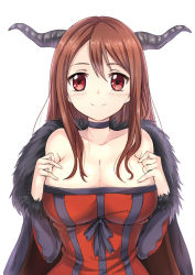 Rule 34 | 10s, 1girl, bad id, bad pixiv id, bare shoulders, blush, breasts, choker, cleavage, harimoji, horns, huge breasts, long hair, looking at viewer, maou (maoyuu), maoyuu maou yuusha, red eyes, red hair, simple background, smile, solo, white background