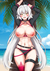 Rule 34 | 1girl, ahoge, bad id, bad pixiv id, beach, bikini, black bikini, black choker, black gloves, black jacket, blue sky, breasts, breasts out, choker, cloud, cowboy shot, cropped jacket, day, fate/grand order, fate (series), foxyreine, gloves, jacket, jeanne d&#039;arc alter (swimsuit berserker) (fate), jeanne d&#039;arc (fate), jeanne d&#039;arc alter (fate), jeanne d&#039;arc alter (swimsuit berserker) (fate), large breasts, long hair, navel, nipples, o-ring, o-ring bikini, o-ring bottom, ocean, outdoors, palm tree, photoshop (medium), red thighhighs, shrug (clothing), silver hair, single thighhigh, sky, swimsuit, thigh gap, thigh strap, thighhighs, tree, yellow eyes