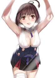 Rule 34 | 10s, 1girl, absurdres, against glass, armpits, bandaged leg, bandages, bare arms, bare shoulders, black skirt, blush, bow, bowtie, breasts, breath, brown hair, choker, cleavage, corset, covered navel, cowboy shot, deras, eyebrows, highres, japanese clothes, kimono, koutetsujou no kabaneri, large breasts, lips, mumei (kabaneri), pink lips, purple bow, purple bowtie, red eyes, ribbon choker, short hair, simple background, skirt, sleeveless, sleeveless kimono, solo, standing, sweatdrop, topknot, white background