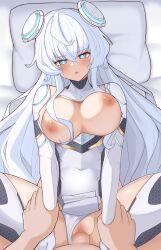 Rule 34 | 1boy, 1girl, absurdres, blue eyes, blush, bouncing breasts, breasts, breasts out, counter:side, covered collarbone, covered navel, hair ornament, highres, holding another&#039;s wrist, honeycomb (pattern), horizon (counter:side), large breasts, loincloth lift, long hair, looking at viewer, nipples, penis, pussy, sex, spread legs, sseong, vaginal, white hair