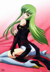 Rule 34 | 00s, 1girl, absurdres, ass, boots, breasts, c.c., coat tails, code geass, fingernails, gold trim, green hair, high heels, highres, kawaguchi rie, long hair, looking back, official art, pink background, sideboob, sitting, solo, thigh boots, thighhighs, thighs, uniform, wariza, white thighhighs, yellow eyes