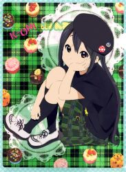 Rule 34 | 1girl, animage, badge, beret, black hair, brown eyes, button badge, clear file (medium), copyright name, cupcake, food, hat, highres, horiguchi yukiko, k-on!, k-on! movie, kneeling, long hair, nakano azusa, non-web source, official art, plaid, plaid skirt, pleated skirt, scan, shoes, simple background, sitting, skirt, socks, solo, twintails, very long hair