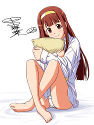 Rule 34 | 1girl, barefoot, bed sheet, blunt bangs, blunt ends, blush, character name, closed mouth, commentary, crotch seam, hairband, head tilt, holding, holding pillow, idolmaster, idolmaster million live!, leaf, lielos, light blush, long sleeves, looking at viewer, no pants, on bed, pajamas, panties, pillow, shirt, signature, sitting, smile, solo, straight hair, tanaka kotoha, underwear, white background, white panties, white shirt, yellow hairband