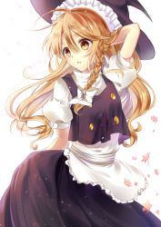 Rule 34 | 1girl, absurdres, apron, blonde hair, bow, braid, hair bow, hair ribbon, hat, highres, kirisame marisa, long hair, looking at viewer, parted lips, pero (pixiv15896580), puffy short sleeves, puffy sleeves, ribbon, shirt, short sleeves, simple background, single braid, skirt, skirt set, solo, touhou, vest, white bow, witch hat, yellow eyes