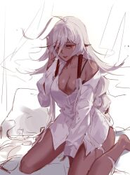 Rule 34 | ahoge, bare legs, black skin, braid, breasts, buckle, chain, cleavage, collarbone, colored skin, curtains, dungeon and fighter, highres, large breasts, long hair, looking at viewer, off shoulder, on bed, parted lips, pillow, pointy ears, red eyes, red lips, shadow dancer (dungeon and fighter), shiny skin, shirt, sitting, sleepwear, thief (dungeon and fighter), twin braids, underwear, very long hair, wariza, white background, white hair, white shirt