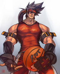 Rule 34 | 1boy, alternate costume, ball, bara, bare shoulders, basketball, basketball uniform, brown hair, commission, covered abs, cowboy shot, fingerless gloves, from below, gloves, guilty gear, headgear, holding, holding ball, large pectorals, long hair, male focus, muscular, na insoo, pectorals, ponytail, shiny skin, simple background, sleeveless, sol badguy, solo, spiked hair, sportswear, tight clothes, yellow eyes