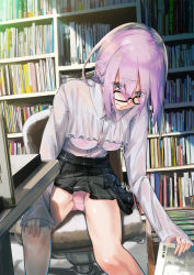 Rule 34 | 1girl, alternate costume, barefoot, blush, bra visible through clothes, breasts, closed mouth, dress, facing another, facing viewer, fate/grand order, fate (series), full body, glasses, hair over one eye, harutoshi, highres, indoors, looking at viewer, mash kyrielight, medium breasts, miniskirt, no legwear, panties, pink panties, purple eyes, purple hair, reaching, reaching towards viewer, school uniform, see-through, short hair, skirt, solo, underwear, wet, x-ray