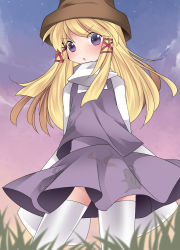 Rule 34 | 1girl, arms behind back, bad id, bad pixiv id, blonde hair, blush, commentary request, frog, grass, hair ornament, hairclip, hammer (sunset beach), hat, long hair, looking at viewer, moriya suwako, open mouth, purple eyes, sidelocks, skirt, skirt set, solo, thighhighs, touhou, white thighhighs