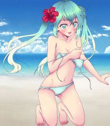 Rule 34 | 1girl, :p, bad id, bad pixiv id, bare shoulders, barefoot, beach, bikini, blue eyes, blush, breasts, cloud, day, flower, green hair, hatsune miku, hibiscus, highres, horizon, kneeling, kobayashi marina, long hair, medium breasts, navel, ocean, outdoors, sand, sky, solo, striped, swimsuit, tongue, tongue out, twintails, vocaloid, water