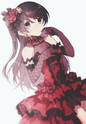 Rule 34 | 1girl, bad id, bad pixiv id, bare shoulders, blue background, blurry, closed mouth, copyright request, depth of field, dress, dutch angle, earrings, elbow gloves, empty eyes, finger to mouth, flower, frilled dress, frills, gloves, hair flower, hair ornament, hands up, highres, jewelry, light particles, looking at viewer, migolu, red dress, red flower, red rose, rose, simple background, solo