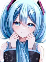 Rule 34 | 1girl, aqua eyes, aqua hair, aqua necktie, bare shoulders, black sleeves, blush, closed mouth, collared shirt, detached sleeves, eyelashes, hair between eyes, hair ornament, happy tears, hatsune miku, highres, holding, holding own hair, long hair, looking at viewer, miku day, necktie, number tattoo, shirt, shoulder tattoo, smile, solo, sparkle, szmymsz, tattoo, teardrop, tears, twintails, twitter username, upper body, vocaloid