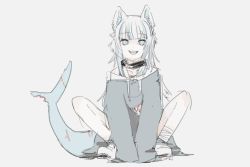 Rule 34 | 1girl, animal ears, bandaged ankle, blue eyes, blue hair, collar, fins, fish tail, gawr gura, hololive, hololive english, kemonomimi mode, multicolored hair, shark tail, sharp teeth, silver hair, sketch, sleeves past fingers, sleeves past wrists, smile, solo, squatting, streaked hair, tail, teeth, tikano (tno6563), virtual youtuber, wolf ears