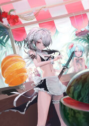 Rule 34 | 4girls, absurdres, apron, back bow, bikini, black bikini, black skirt, blonde hair, blue hair, blush, bow, breasts, bridal garter, cleavage, closed mouth, copyright request, dagger, eyepatch, food, fruit, gradient hair, grey hair, highres, holding, holding sword, holding weapon, katana, knife, looking at viewer, maid, maid apron, maid bikini, medium breasts, miniskirt, multicolored hair, multiple girls, navel, one eye covered, oyabuli, ponytail, purple eyes, red eyes, scabbard, sheath, sheathed cut, skirt, smile, solo focus, swimsuit, sword, tree, unconventional maid, waist apron, watermelon, weapon, white apron