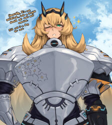 Rule 34 | 1girl, armor, barghest (fate), barghest (first ascension) (fate), blonde hair, blush, body armor, breastplate, fate/grand order, fate (series), gauntlets, green eyes, highres, horns, long hair, pauldrons, roresu, shoulder armor, sparkle, sweat
