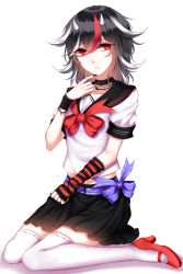 Rule 34 | 1girl, absurdres, adapted costume, arm warmers, bad id, bad pixiv id, black hair, black nails, black skirt, bow, choker, closed mouth, frilled choker, frills, full body, grey horns, high heels, highres, horns, kijin seija, looking at viewer, mary janes, miniskirt, multicolored hair, nail polish, over-kneehighs, red bow, red eyes, red footwear, red hair, sash, school uniform, serafuku, sheya, shoes, short hair, short sleeves, skirt, solo, streaked hair, thighhighs, touhou, white background, white hair, white thighhighs, wristband