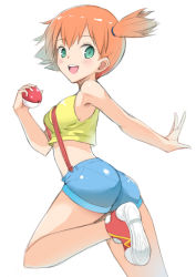 Rule 34 | 1girl, :d, alternate color, blush, breasts, creatures (company), crop top, game freak, green eyes, hair between eyes, highres, holding, holding poke ball, leg up, looking at viewer, medium breasts, midriff, misty (pokemon), mokkosu., nintendo, one side up, open mouth, orange hair, poke ball, poke ball (basic), pokemon, pokemon (anime), pokemon (classic anime), shiny clothes, shirt, short hair, short shorts, shorts, sideboob, simple background, sleeveless, sleeveless shirt, smile, solo, standing, standing on one leg, suspender shorts, suspenders, white background, yellow shirt