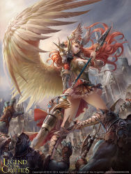Rule 34 | 1girl, armor, army, axe, battle, blue skin, breastplate, breasts, building, cape, castle, cleavage, cloud, cloudy sky, colored skin, company name, copyright name, crown, dated, dress, feathered wings, fingerless gloves, flag, floating hair, frilled skirt, frills, from below, gloves, head wings, helmet, high heels, holding, holding weapon, kneehighs, lance, large breasts, leather, leather gloves, legend of the cryptids, long hair, looking down, monster, orange hair, orc, outdoors, pauldrons, polearm, red hair, shin guards, shoulder armor, skirt, sky, socks, solo focus, spiked helmet, spire, spread wings, stab, tiara, tower, two-handed, vambraces, very long hair, watermark, weapon, web address, wings, yu cheng hong