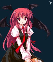 Rule 34 | 1girl, :d, alphes (style), armband, bat wings, book, bookmark, cameo, crescent, embodiment of scarlet devil, female focus, hat, head wings, ideolo, koakuma, long hair, necktie, open mouth, parody, patchouli knowledge, purple hair, red eyes, red hair, red necktie, simple background, skirt, smile, solo, style parody, touhou, v arms, very long hair, vest, wings