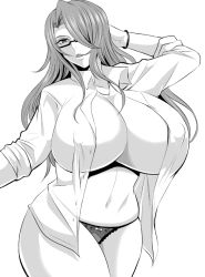 Rule 34 | 1girl, breasts, cleavage, covered erect nipples, curvy, glasses, greyscale, hair in own mouth, huge breasts, mole, mole under eye, monochrome, navel, nishida megane, no bra, open clothes, open shirt, original, see-through, shirt, simple background, solo, thick thighs, thighs, white background, wide hips