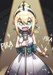 Rule 34 | 1girl, absurdres, adapted costume, alternate costume, amano pikamee, artist name, black hairband, blonde hair, character name, collarbone, commentary, dress, english commentary, glowstick, green eyes, green hair, green ribbon, hair ribbon, hairband, high ponytail, highres, holding, holding microphone, james choo, looking at viewer, medium hair, microphone, microphone stand, multicolored hair, open mouth, ribbon, scrunchie, sharp teeth, sleeveless, sleeveless dress, smile, solo, straight-on, teeth, upper teeth only, virtual youtuber, voms, white dress, wrist scrunchie, yellow scrunchie