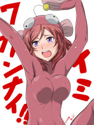 Rule 34 | 10s, 1girl, abriel00, anglerfish costume, blush, bodysuit, bouncing breasts, breasts, covered erect nipples, crossover, dated, girls und panzer, latex, latex bodysuit, love live!, love live! school idol project, medium breasts, nishikino maki, purple eyes, red hair, solo, sweat