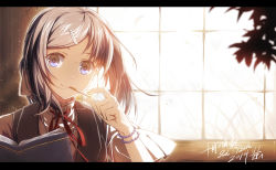 Rule 34 | 1girl, backlighting, blue eyes, book, bracelet, eating, evening, gloves, hair ornament, hairclip, heiwari kanade, highres, holding, jewelry, letterboxed, long hair, looking at viewer, original, ponytail, school uniform, signature, silver hair, sketch, smile, solo, white gloves, wind