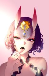 Rule 34 | 1girl, absurdres, alternate hairstyle, bare shoulders, collarbone, eyelashes, eyeshadow, fate/grand order, fate (series), finger to mouth, fingernails, forehead jewel, hair ornament, half-closed eyes, hand up, has bad revision, has cropped revision, highres, horns, licking, licking finger, long fingernails, looking at viewer, makeup, md5 mismatch, nail polish, open mouth, pink background, pink nails, portrait, puk (higanbana doujin), purple eyes, purple hair, resolution mismatch, short hair, shuten douji (fate), simple background, skin-covered horns, solo, source smaller, tongue, tongue out, wavy hair