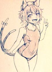 Rule 34 | 1girl, alternate costume, animal ears, bare legs, breasts, cat ears, cat tail, chen, collarbone, commentary request, covered navel, cowboy shot, d-m (dii emu), earrings, eyelashes, fang, greyscale, hat, jewelry, looking at viewer, mob cap, monochrome, multiple tails, nekomata, old school swimsuit, one-piece swimsuit, open mouth, school swimsuit, short hair, single earring, swimsuit, tail, touhou, two tails, v