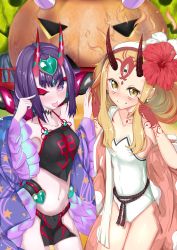 Rule 34 | 2girls, absurdres, bare shoulders, blonde hair, blush, borumete, breasts, chinese clothes, collarbone, detached sleeves, dudou, earrings, eyeliner, facial mark, fang, fang out, fate/grand order, fate (series), fingernails, flower, forehead mark, fundoshi, hair flower, hair ornament, hairband, headpiece, heart, hibiscus, highres, horns, ibaraki douji (fate), ibaraki douji (fate/grand order), ibaraki douji (swimsuit lancer) (fate), ibaraki douji (swimsuit lancer) (second ascension) (fate), jack-o&#039;-lantern, japanese clothes, jewelry, long hair, looking at viewer, low twintails, makeup, multiple girls, navel, one-piece swimsuit, one eye closed, oni, open mouth, pelvic curtain, pointy ears, purple eyes, purple hair, rope, sharp fingernails, shawl, short eyebrows, short hair, short twintails, shuten douji (fate), shuten douji (fate/grand order), shuten douji (halloween caster) (fate), skin-covered horns, small breasts, smile, swimsuit, tattoo, thighs, tongue, tongue out, twintails, very long hair, white one-piece swimsuit, yellow eyes