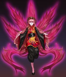 Rule 34 | 1girl, absurdres, aura, black background, black sash, blonde hair, chinese clothes, energy, fox tail, full body, hair between eyes, highres, junko (touhou), long hair, long sleeves, looking at viewer, multiple tails, open mouth, outstretched arms, phoenix crown, red eyes, reki (user rcrd4534), ribbon, sash, simple background, solo, tabard, tail, teeth, touhou, uneven eyes, upper teeth only, wide sleeves, yellow neckwear, yellow ribbon
