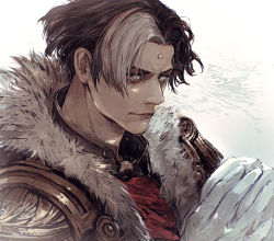 Rule 34 | 1boy, brown hair, commentary request, emet-selch, epaulettes, final fantasy, final fantasy xiv, fur-trimmed jacket, fur trim, garlean, gloves, highres, jacket, looking afar, male focus, multicolored hair, own hands clasped, own hands together, portrait, short hair, solo, third eye, tomatika, two-tone hair, white gloves, white hair, yellow eyes