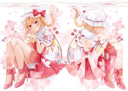 Rule 34 | 1girl, ascot, back cutout, bare back, bare legs, bare shoulders, blonde hair, bloomers, blush, bow, clothing cutout, commentary request, cover, crystal, flandre scarlet, frilled shirt collar, frills, from behind, full body, hat, hat bow, head tilt, high heels, highres, knees up, long hair, looking at viewer, miniskirt, mob cap, moko (mokochisa), multiple views, nail polish, one side up, own hands together, puffy short sleeves, puffy sleeves, red bow, red eyes, red footwear, red nails, red skirt, red vest, shirt, shoe soles, short sleeves, shoulder cutout, sitting, skirt, skirt set, smile, steepled fingers, thighs, touhou, translation request, underwear, vest, white background, white bloomers, white headwear, white shirt, wings, yellow ascot