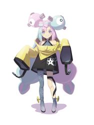 Rule 34 | 1girl, bad id, bad pixiv id, black shorts, boots, character hair ornament, commentary request, creatures (company), full body, game freak, green hair, grey footwear, grey pantyhose, grey shirt, grin, hair ornament, highres, iono (pokemon), jacket, long hair, looking at viewer, multicolored hair, nintendo, pantyhose, pokemon, pokemon sv, purple hair, shirt, shorts, single leg pantyhose, sleeveless, sleeveless shirt, sleeves past fingers, sleeves past wrists, smile, solo, teeth, tenshu (mighto), thigh strap, twintails, two-tone hair, yellow jacket