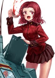 Rule 34 | 10s, 1girl, black skirt, brown eyes, crusader (tank), cup, girls und panzer, holding, jacket, lain, long sleeves, looking at viewer, military, military uniform, military vehicle, miniskirt, motion blur, motor vehicle, open mouth, parted bangs, pleated skirt, red eyes, red hair, red jacket, rosehip (girls und panzer), short hair, simple background, skirt, smile, solo, spilling, st. gloriana&#039;s (emblem), standing, tank, teacup, uniform, white background