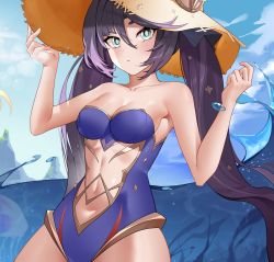 Rule 34 | 1girl, bare arms, bare shoulders, black hair, blonde hair, blue eyes, blue one-piece swimsuit, bow, breasts, brown hat, cleavage, clothing cutout, day, eyepatch, genshin impact, hair bow, hand on headwear, hands up, hat, highres, jellyfish, kemile, long hair, looking at viewer, medium breasts, mona (genshin impact), navel, one-piece swimsuit, outdoors, partially underwater shot, red eyes, solo, stomach cutout, strapless, strapless one-piece swimsuit, straw hat, swimsuit, twintails, water