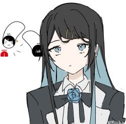 Rule 34 | 1girl, 7026jaja, ado (utaite), bangs pinned back, black bow, black bowtie, black coat, black hair, blue eyes, blue flower, blue hair, blue rose, bow, bowtie, chando (ado), cloud nine inc, coat, collared shirt, colored inner hair, commentary, flower, flower brooch, hair ornament, hairpin, hashtag-only commentary, highres, long hair, mole, mole under eye, multicolored hair, official alternate hairstyle, open clothes, open coat, reference inset, rose, shirt, sidelocks, simple background, solo, twitter username, two-tone hair, upper body, utaite, white background, white shirt