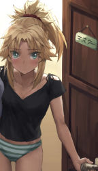 Rule 34 | 1girl, bad id, bad twitter id, black shirt, blonde hair, blue eyes, blush, breasts, doorway, expressionless, fate/apocrypha, fate (series), gluteal fold, groin, highres, looking at viewer, midriff, mordred (fate), no pants, panties, ponytail, pov doorway, red scrunchie, scrunchie, shirt, small breasts, solo, striped clothes, striped panties, t-shirt, tonee, translated, underwear