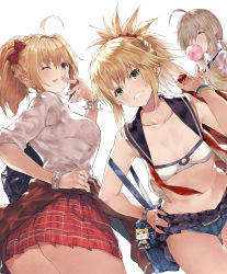 Rule 34 | 10s, 3girls, ;p, ahoge, alternate costume, alternate hairstyle, artoria pendragon (all), artoria pendragon (fate), ass, bag charm, blonde hair, bow, bra, bra visible through clothes, bracelet, braid, breasts, blowing bubbles, cardigan, cardigan around waist, charm (object), clothes around waist, cowboy shot, crown braid, denim, denim shorts, dutch angle, fate/apocrypha, fate/extra, fate/grand order, fate (series), green eyes, grin, hair bow, hair over one eye, highres, jewelry, light brown hair, low ponytail, medium breasts, midriff, mordred (fate), mordred (fate/apocrypha), mordred (memories at trifas) (fate), multiple girls, mysterious heroine x (fate), mysterious heroine x alter (fate), nail polish, navel, nero claudius (fate), nero claudius (fate) (all), nero claudius (fate/extra), one eye closed, open clothes, open shirt, pinky out, plaid, plaid skirt, pleated skirt, ponytail, ring, saber (fate), sailor collar, school uniform, see-through, shirt, short shorts, shorts, shoulder blades, simple background, skirt, small breasts, smile, strap slip, strapless, tokopi, tongue, tongue out, tube top, underwear, vest, white background, wrist cuffs