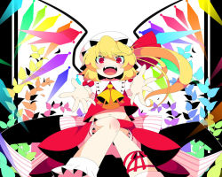 Rule 34 | 1girl, :d, blonde hair, bloomers, colorful, fangs, female focus, flandre scarlet, foreshortening, hat, looking at viewer, mzh, no nose, open mouth, outstretched arms, outstretched hand, red eyes, side ponytail, slit pupils, smile, solo, embodiment of scarlet devil, touhou, underwear, wings