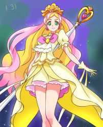Rule 34 | 1girl, blonde hair, blue background, bow, brooch, chocokin, cowboy shot, crown, cure flora, cure flora (grand princess), earrings, expressionless, gloves, go! princess precure, grand princess (go! princess precure), green eyes, haruno haruka, jewelry, long hair, magical girl, multicolored hair, pink bow, pink hair, precure, puffy sleeves, skirt, solo, staff, streaked hair, two-tone hair, yellow gloves, yellow skirt