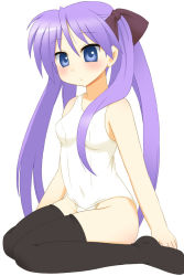 Rule 34 | 00s, 1girl, breasts, female focus, hiiragi kagami, kurappii, lucky star, one-piece swimsuit, school swimsuit, simple background, sitting, small breasts, solo, swimsuit, thighhighs, white background, white one-piece swimsuit, white school swimsuit