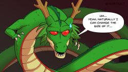 Rule 34 | commentary, dragon, dragon ball, eastern dragon, english commentary, english text, highres, no humans, nortuet, red eyes, shenron (dragon ball), speech bubble, sweatdrop