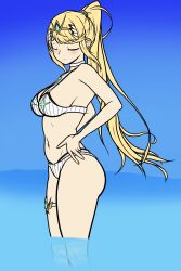 Rule 34 | 1girl, absurdres, beach, bikini, blonde hair, blush, breasts, closed eyes, hand on own hip, highres, izaiah, large breasts, legs, mythra (xenoblade), navel, ocean, ponytail, sideboob, sidelocks, smile, solo, swimsuit, thick thighs, thighs, water, white bikini, xenoblade chronicles (series), xenoblade chronicles 2